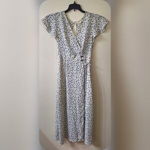 Blue & White Sienna Sky Ditsy Floral Midi Slit Summer Dress Size X Small